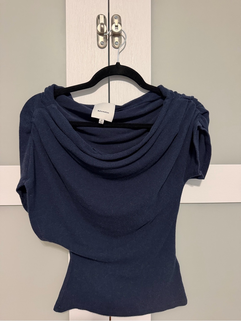 Reformation Navy Draped Cowl-Neck Sweater